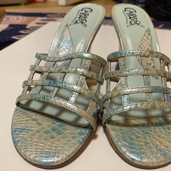 Y2K CARLOS SANTANA GREEN SNAKE CAGED SANDALS  SZ 5.5 M WEDGES LEATHER WEAVE - Picture 7 of 15